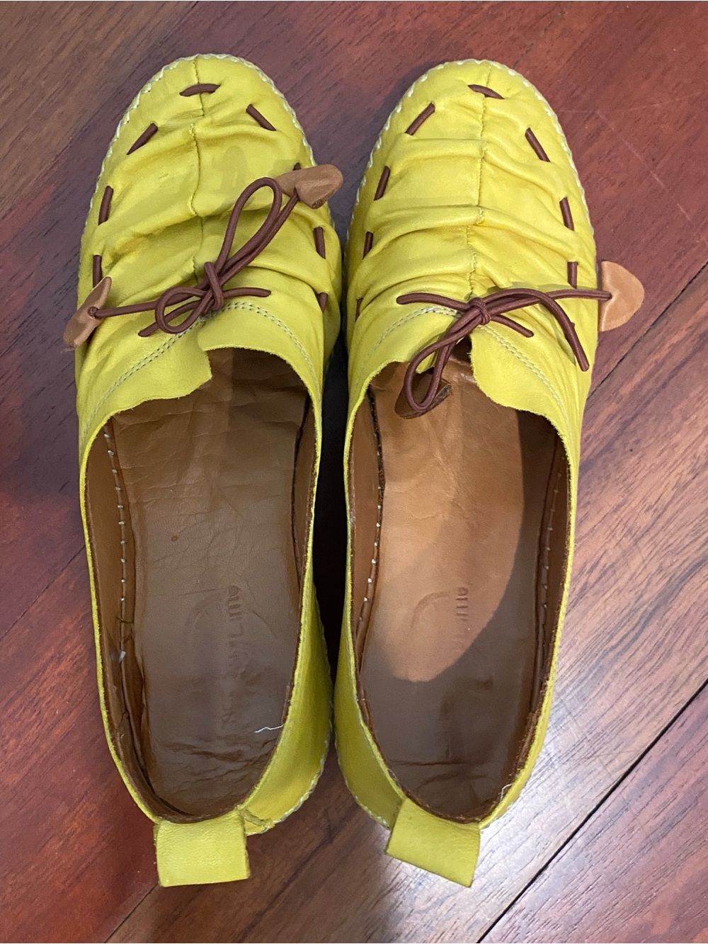 Lemon N Lime Yellow Runched Leather Slip-On Flats